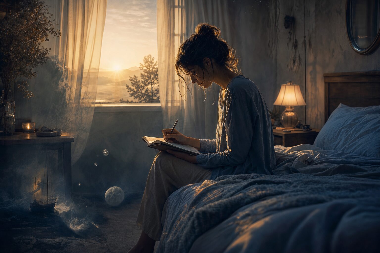 Persona escribiendo sus sueños al amanecer en un cuaderno junto a la cama