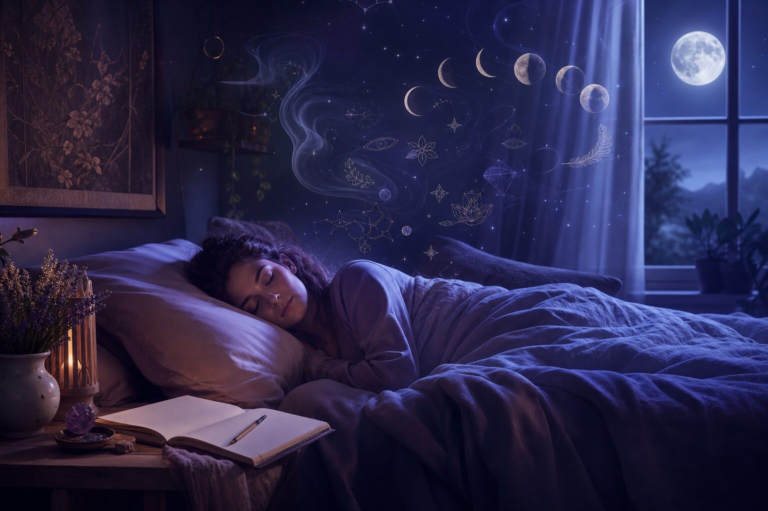 Dormitorio sereno con cuaderno junto a la cama como preparación para recordar los sueños