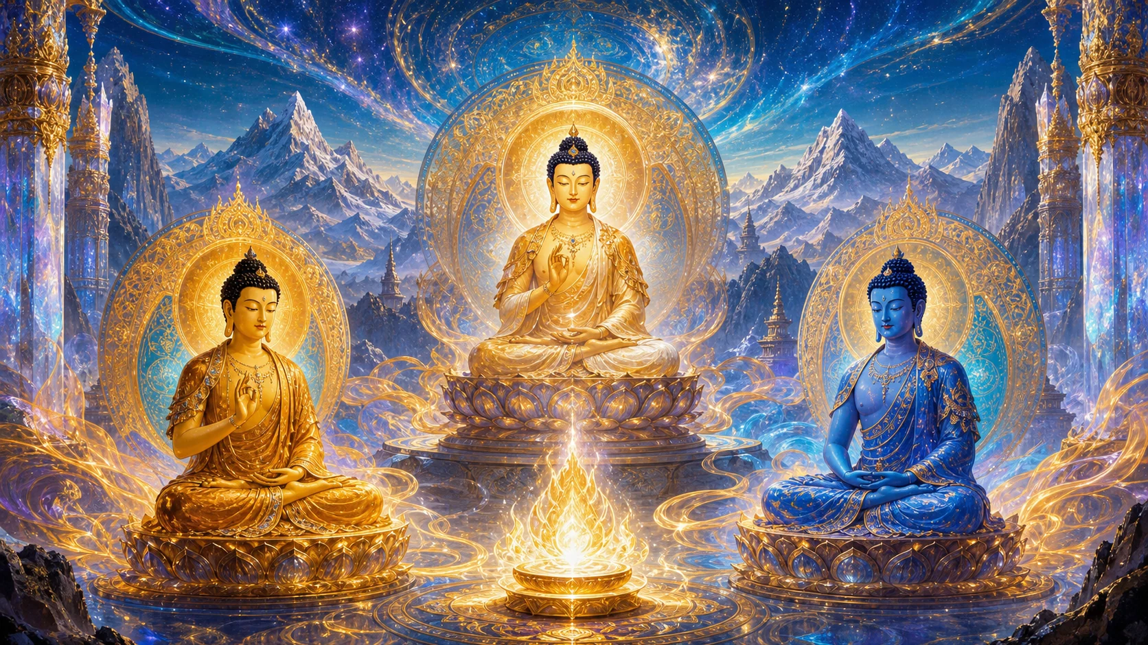 Tres Budas de Actividad en santuario luminoso de montaña