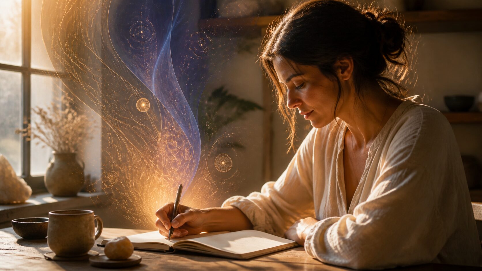Persona escribiendo junto a una ventana en un momento de reflexión y creatividad consciente
