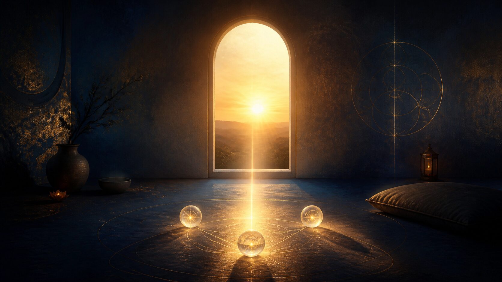 Amanecer dorado a través de una ventana arqueada que evoca intuición y expresión consciente