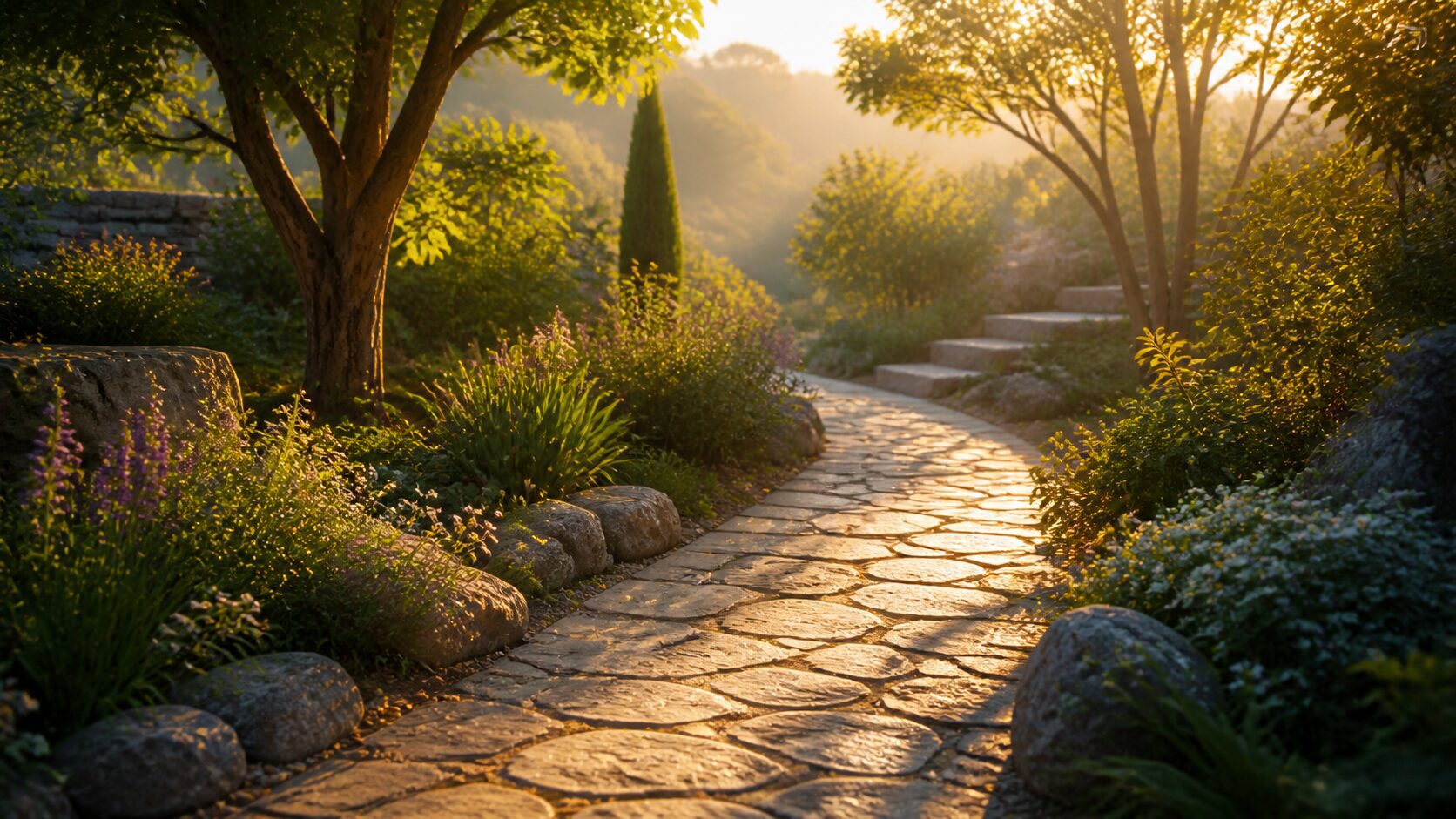 Sendero de piedra iluminado por el amanecer entre árboles y vegetación