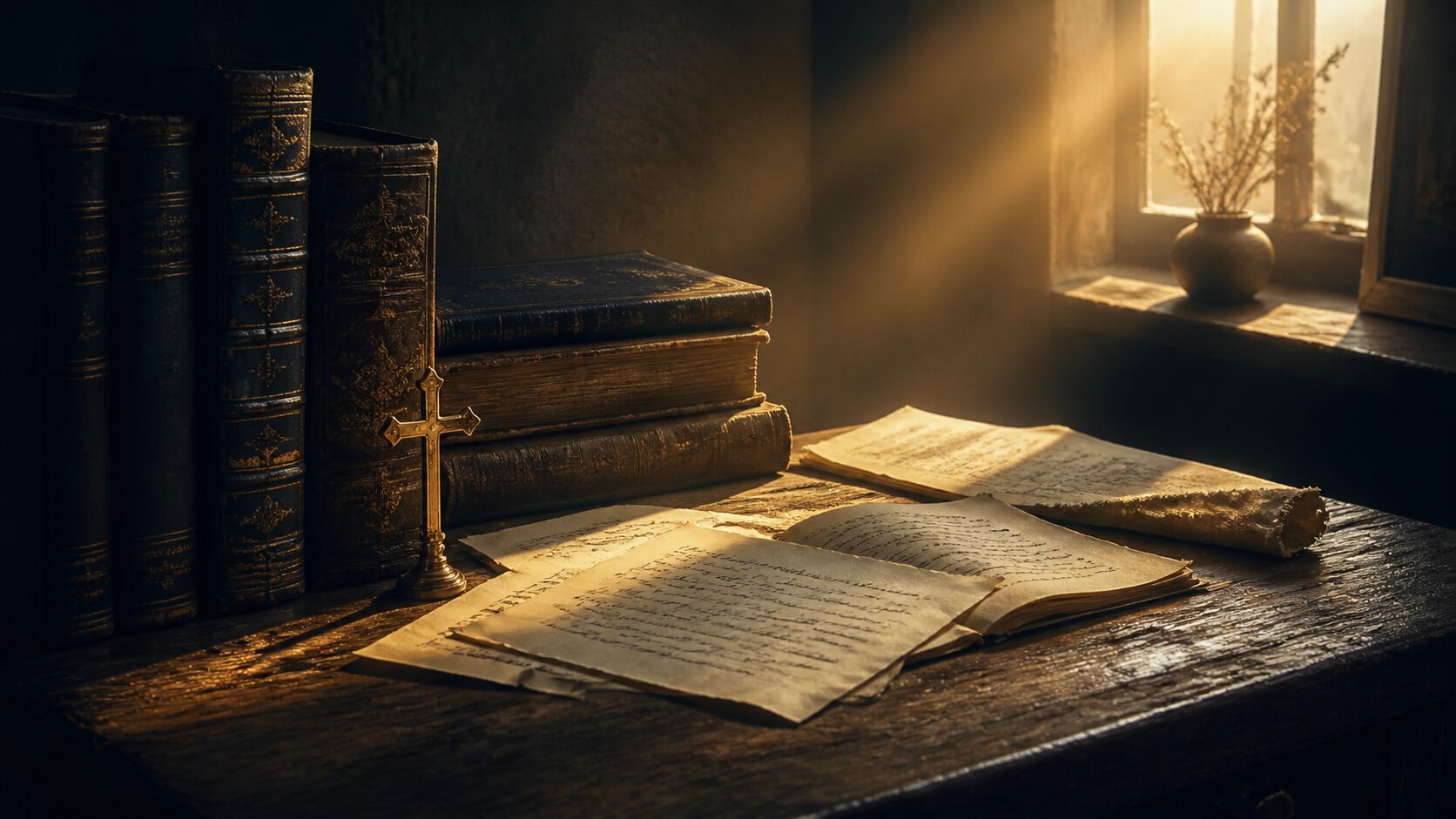 Libros antiguos y manuscritos sobre una mesa de estudio iluminada