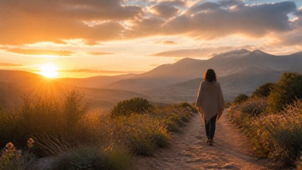 Persona que camina hacia la luz del amanecer por un sendero entre montañas