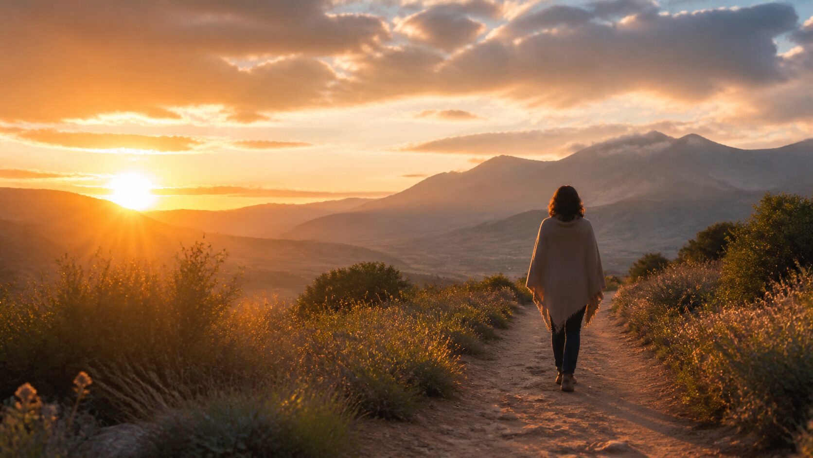 Persona que camina hacia la luz del amanecer por un sendero entre montañas