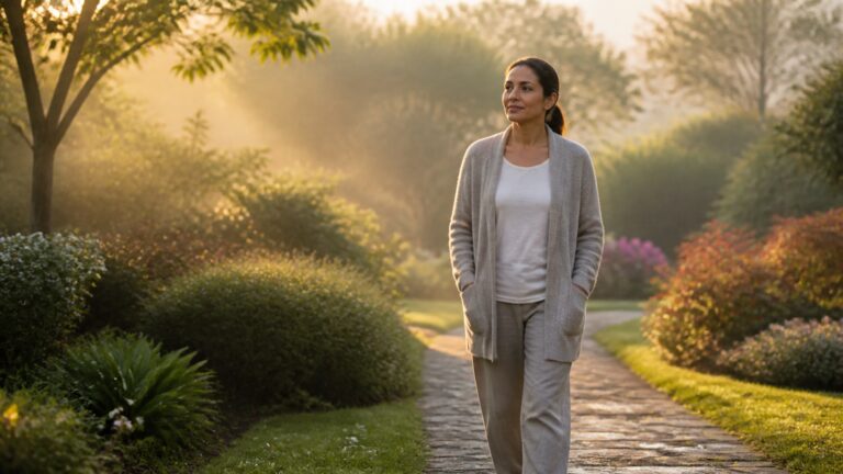 Mujer que camina por un jardín iluminado al amanecer