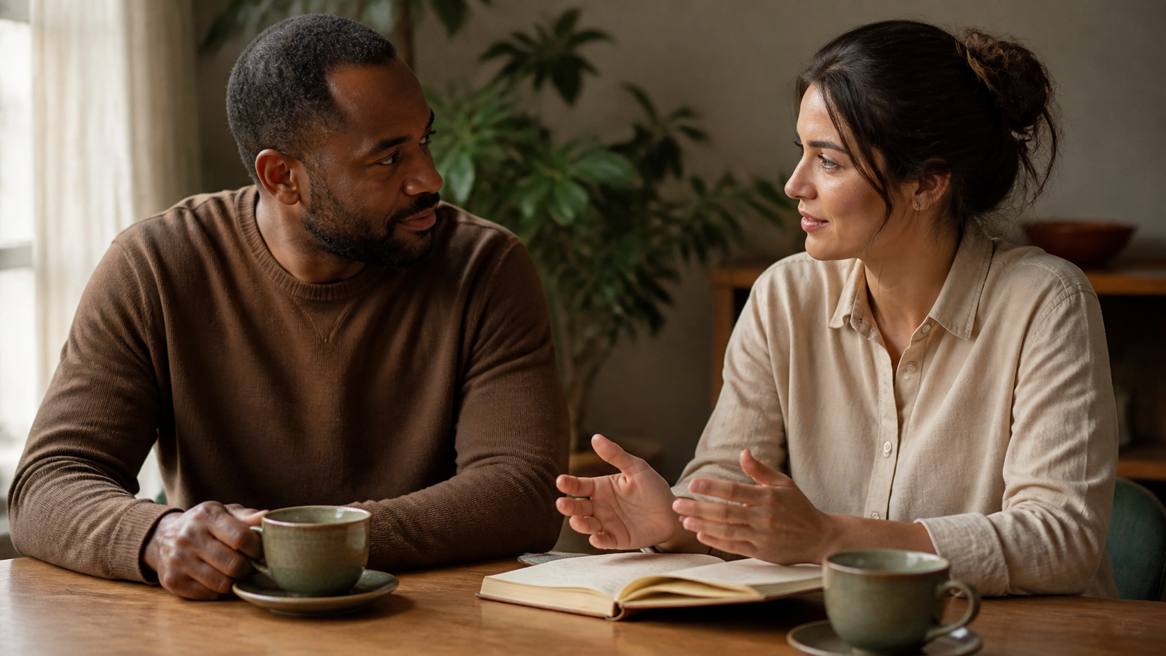 Dos personas conversan con serenidad sobre espiritualidad alrededor de una mesa
