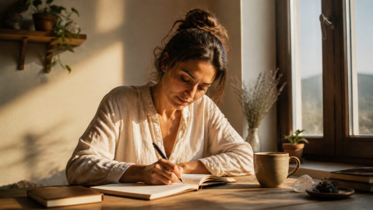 Persona que escribe en un cuaderno junto a una ventana durante un momento de escucha interior