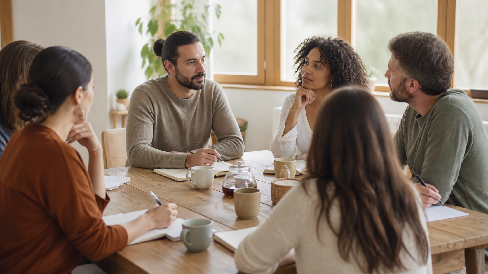 Grupo diverso que estudia y reflexiona sobre espiritualidad alrededor de una mesa
