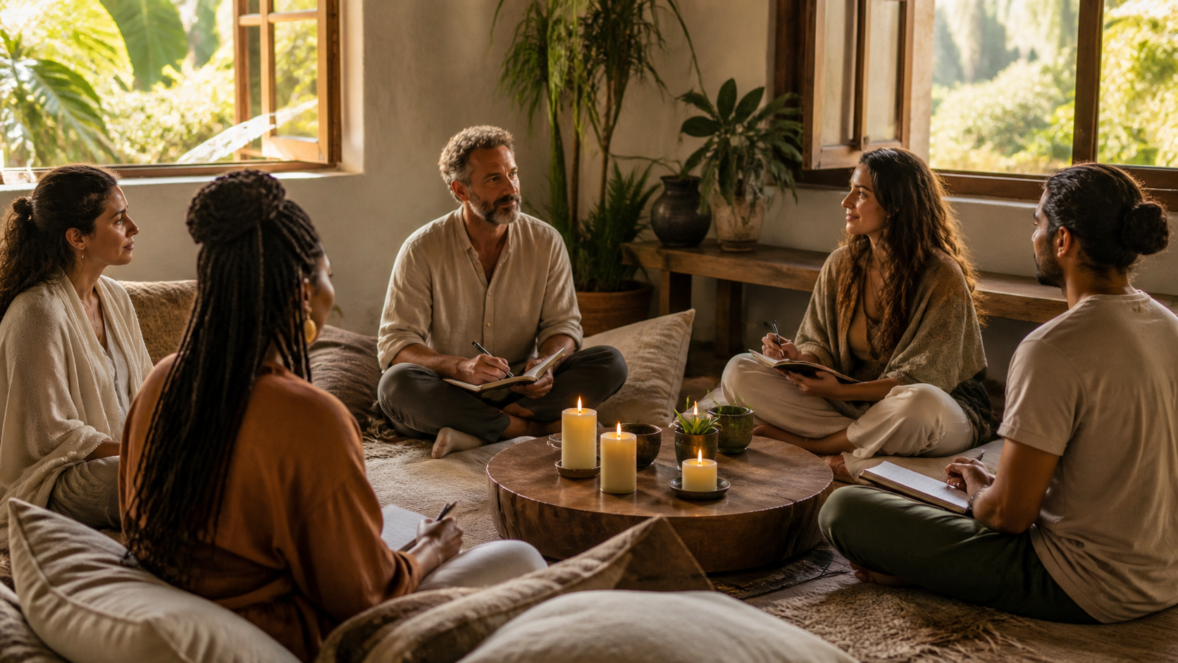 Personas reunidas para meditar y reflexionar con serenidad
