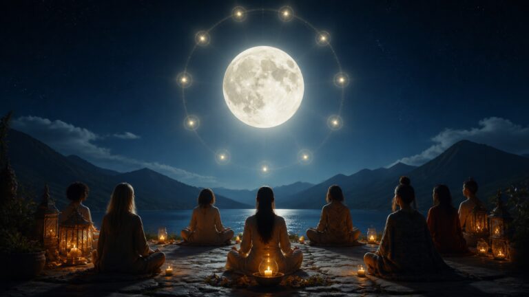 Luna llena sobre un grupo que medita junto a un lago