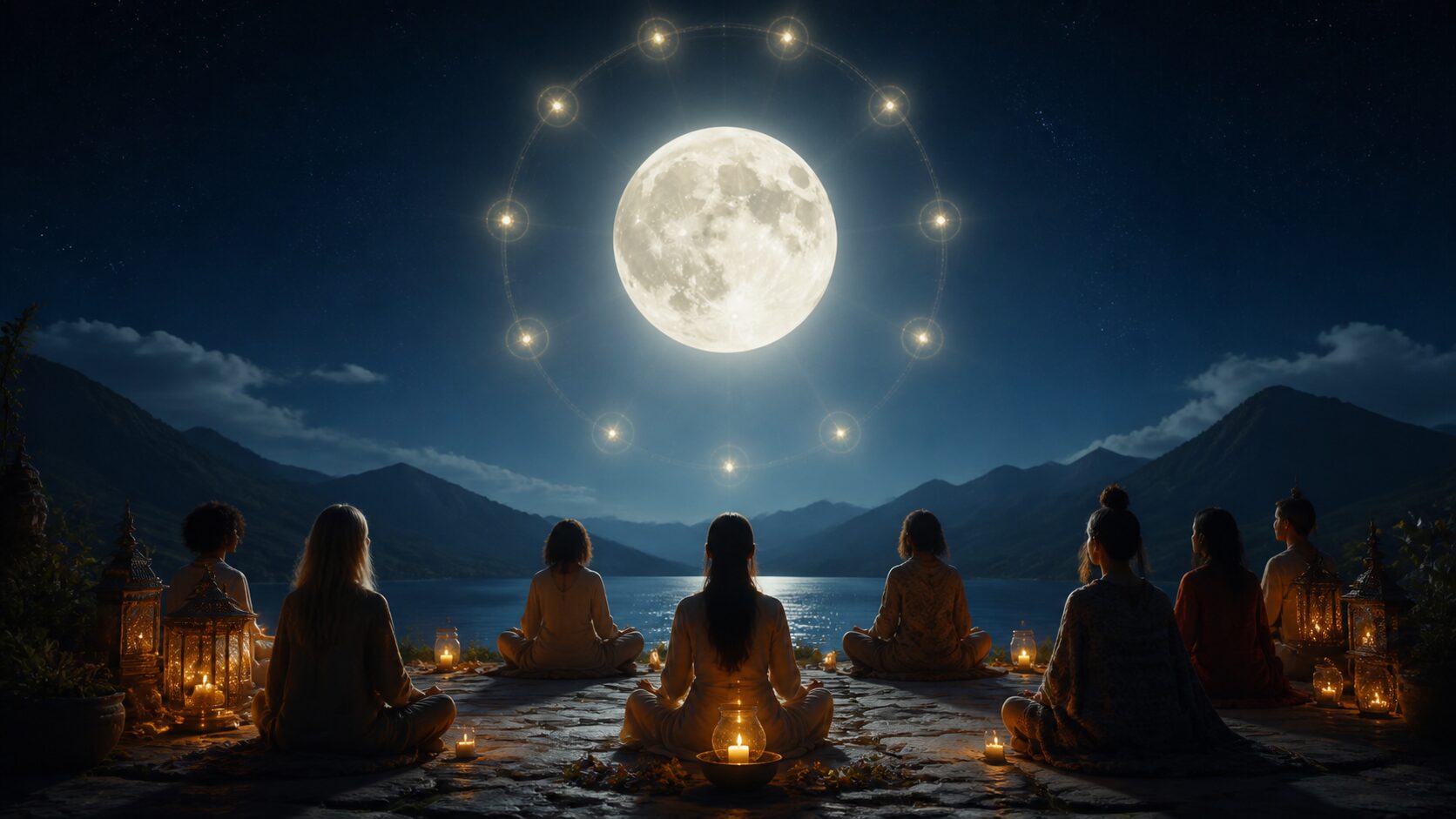 Luna llena sobre un grupo que medita junto a un lago