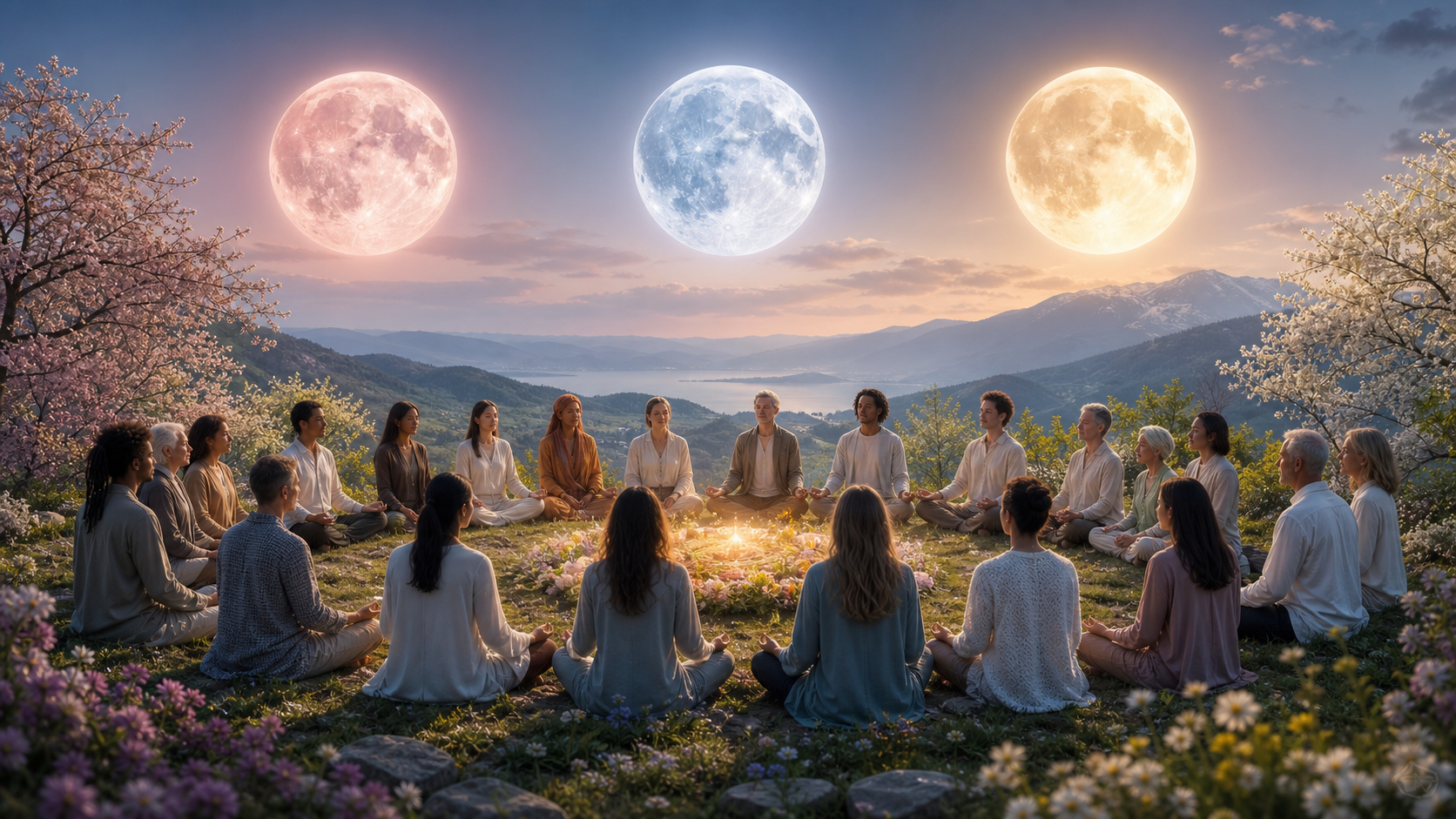 Tres lunas llenas sobre un grupo reunido en meditación