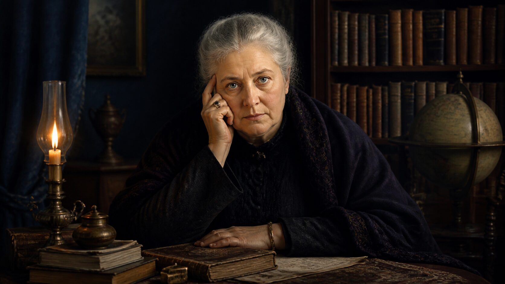 Helena Petrovna Blavatsky en una biblioteca de estudio