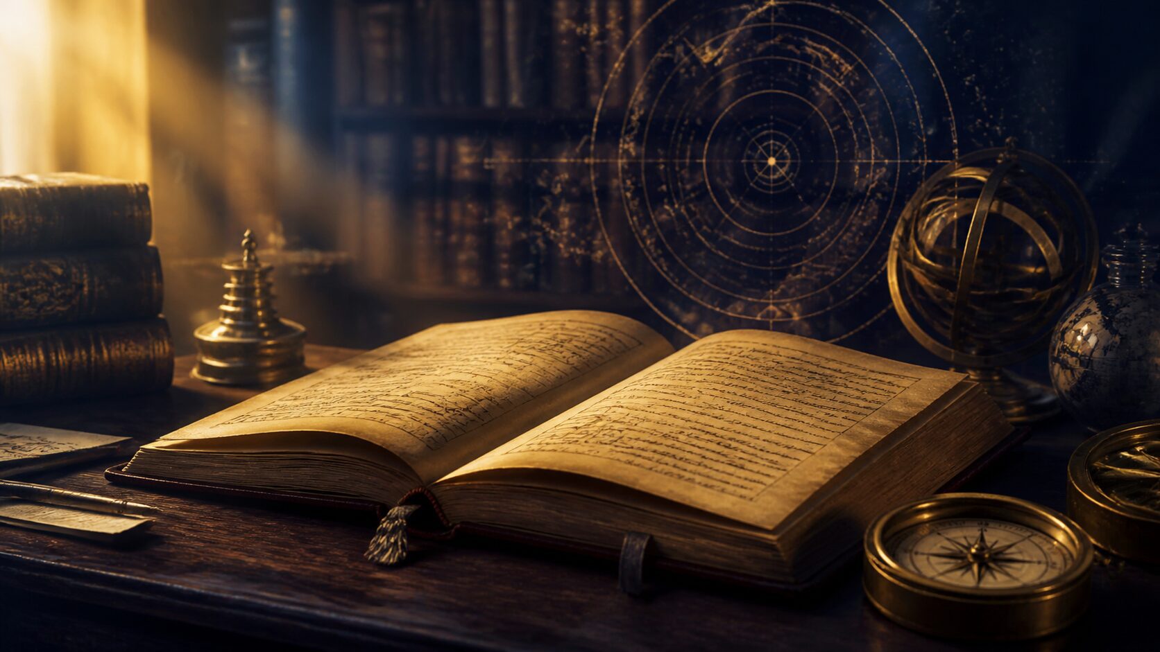 Mesa de biblioteca con libros antiguos, manuscritos, brújula y geometría celeste en luz de amanecer.