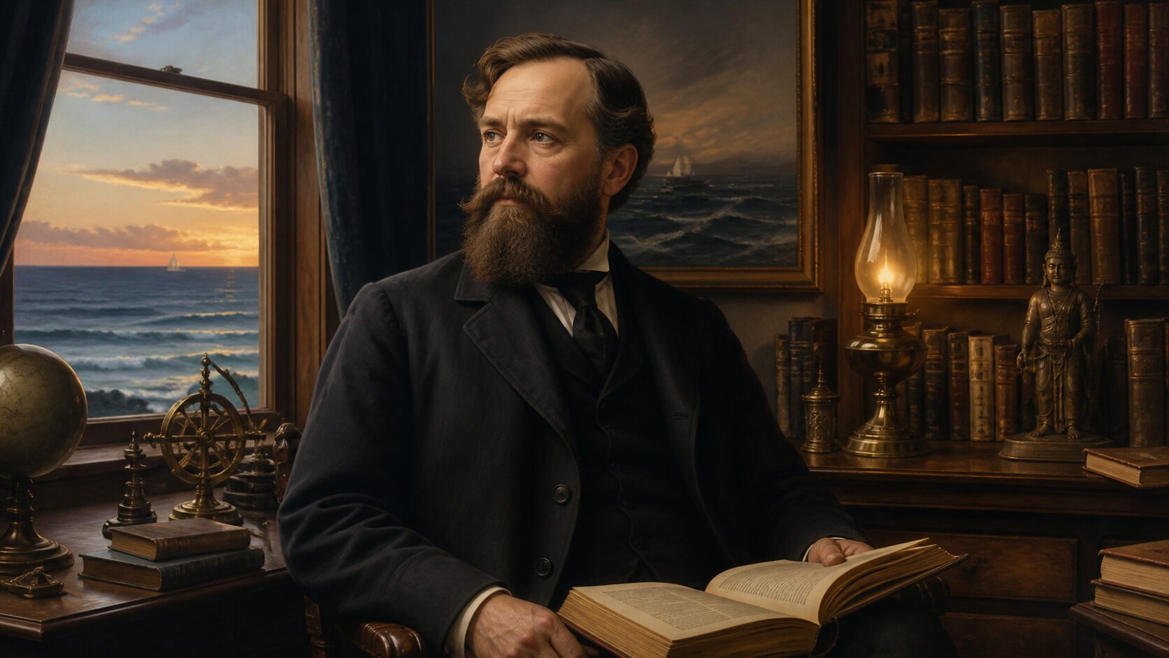 William Q. Judge leyendo junto al mar