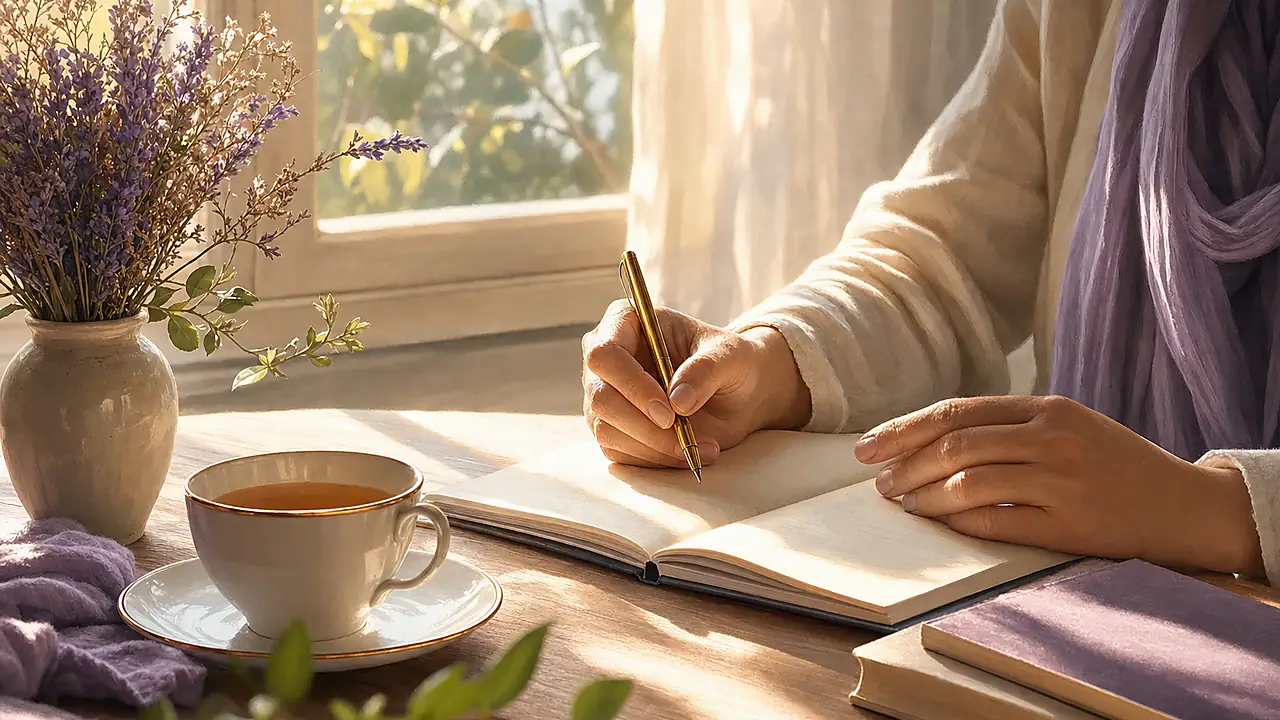 Manos escribiendo una reflexión junto a una taza de té.