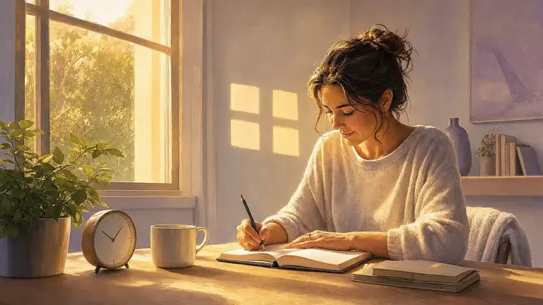 Persona escribiendo junto a una ventana durante una pausa de reflexión.