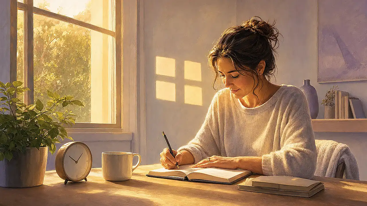 Persona escribiendo junto a una ventana durante una pausa de reflexión.