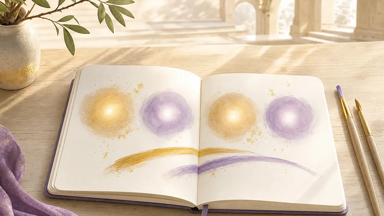 Cuaderno iluminado con formas de luz que sugieren una secuencia simbólica.