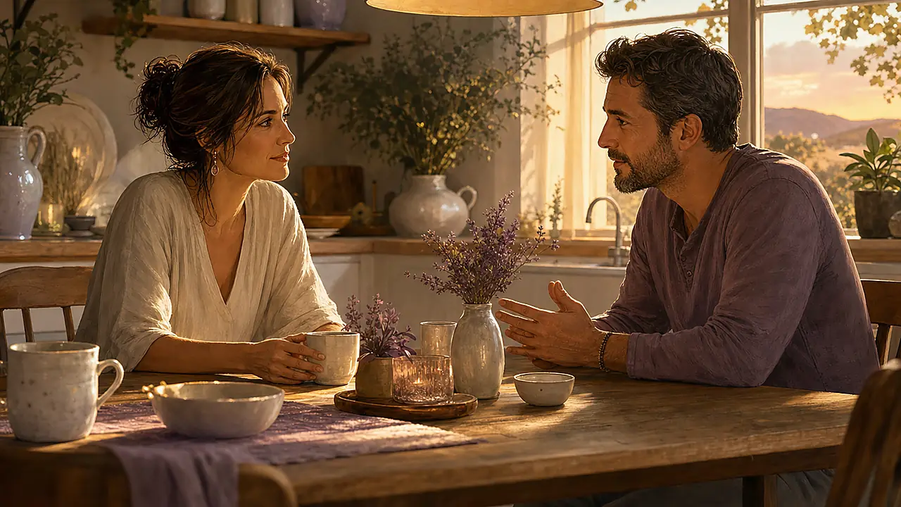 Dos personas conversando con serenidad en una cocina iluminada al atardecer.