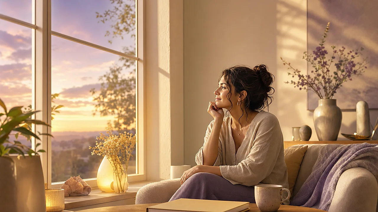 Persona en casa junto a una ventana durante un momento de reflexión tranquila.