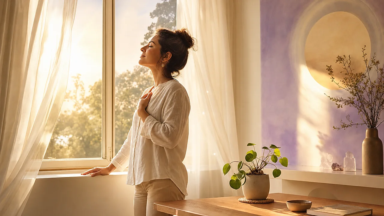 Persona junto a una ventana abierta durante una pausa de respiración y reflexión.