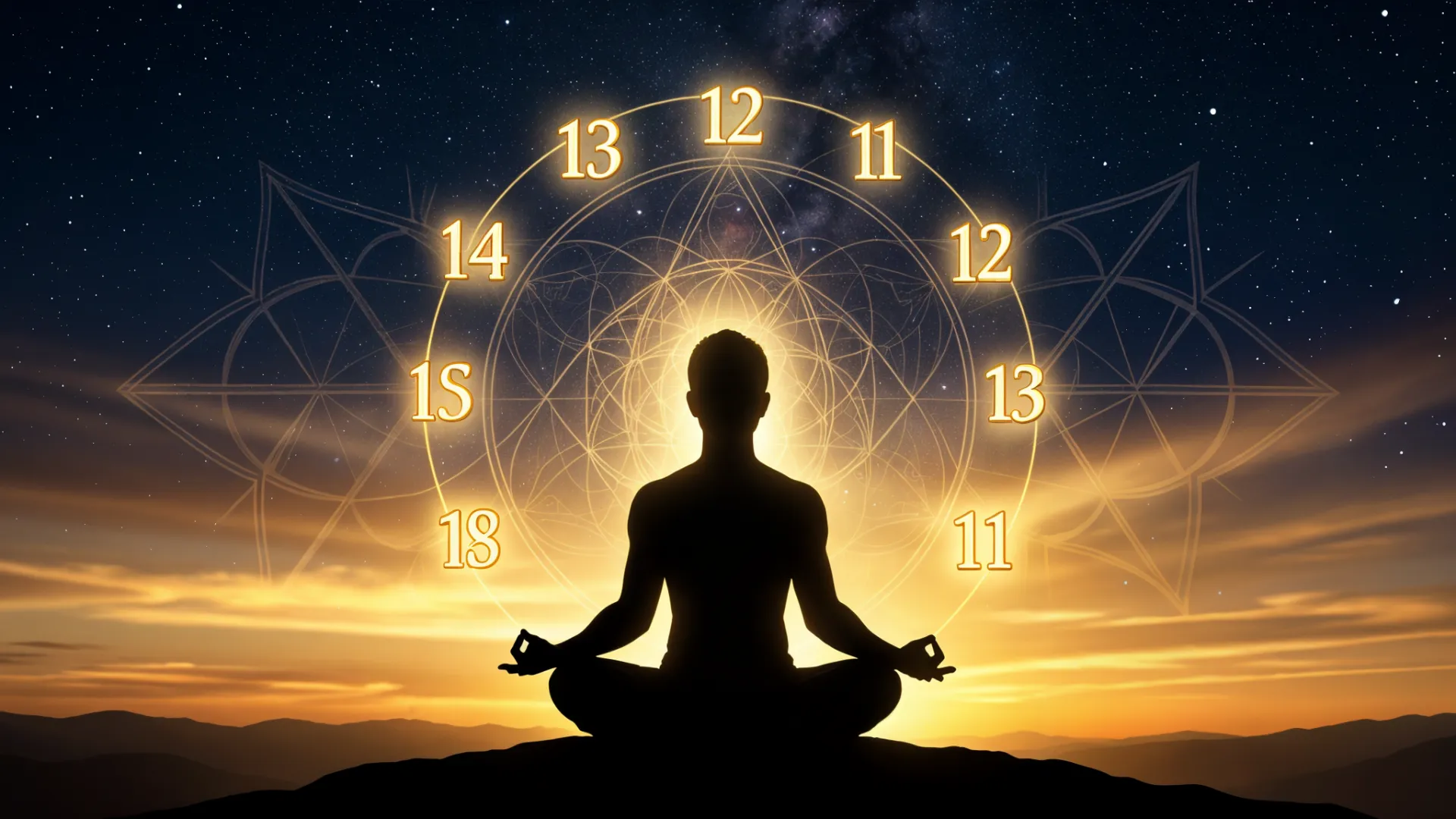 Persona en meditación rodeada de números luminosos 1 al 11 en órbita dorada