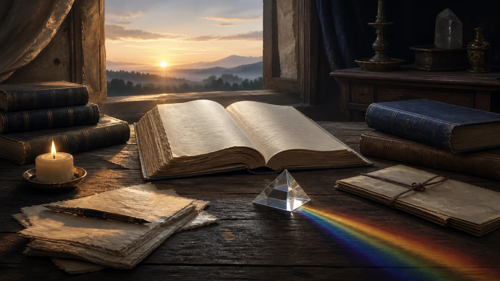 Libros abiertos, notas, una vela y un prisma de siete colores como símbolos del estudio y el discernimiento espiritual
