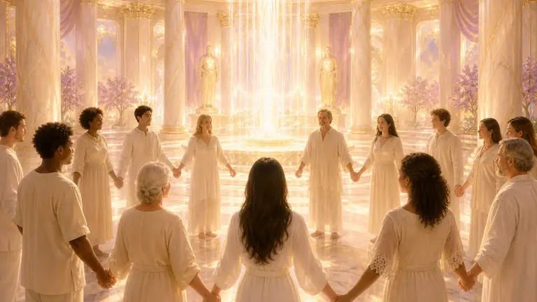 Círculo de personas diversas tomadas de las manos en un templo luminoso de luz dorada, símbolo de la Gran Hermandad Blanca