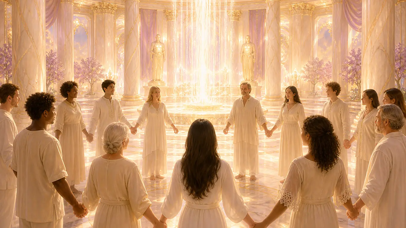 Círculo de personas diversas tomadas de las manos en un templo luminoso de luz dorada, símbolo de la Gran Hermandad Blanca