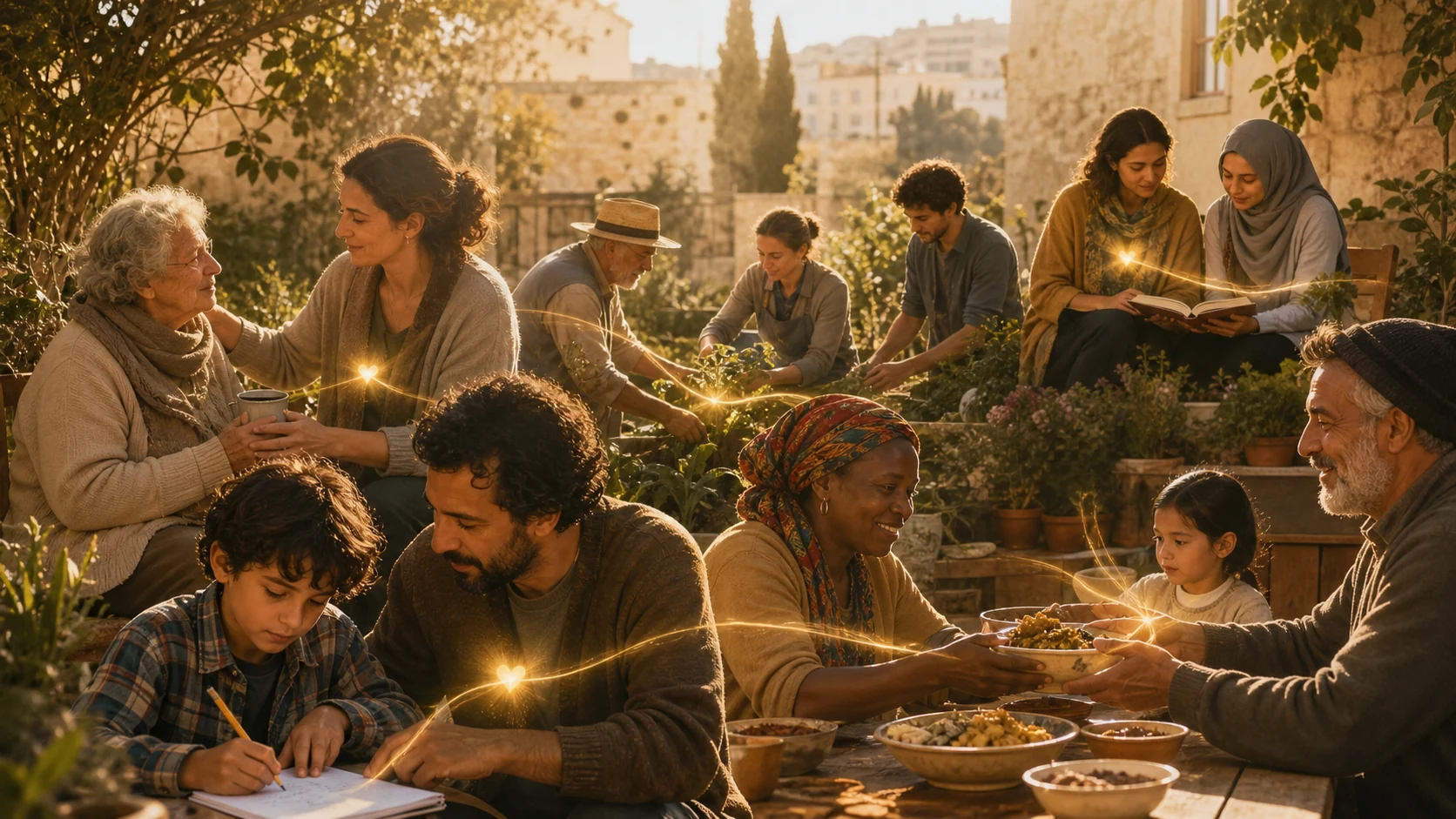 Personas diversas cuidando, enseñando, cultivando y compartiendo como expresiones del servicio espiritual