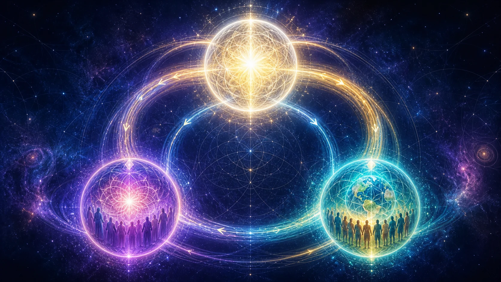Tres centros luminosos conectados que representan Shamballa, la Jerarquía espiritual y la Humanidad