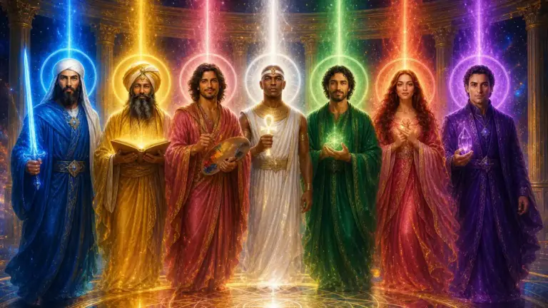 Los siete Chohanes bajo los rayos azul, dorado, rosa, blanco, verde, rubí-dorado y violeta