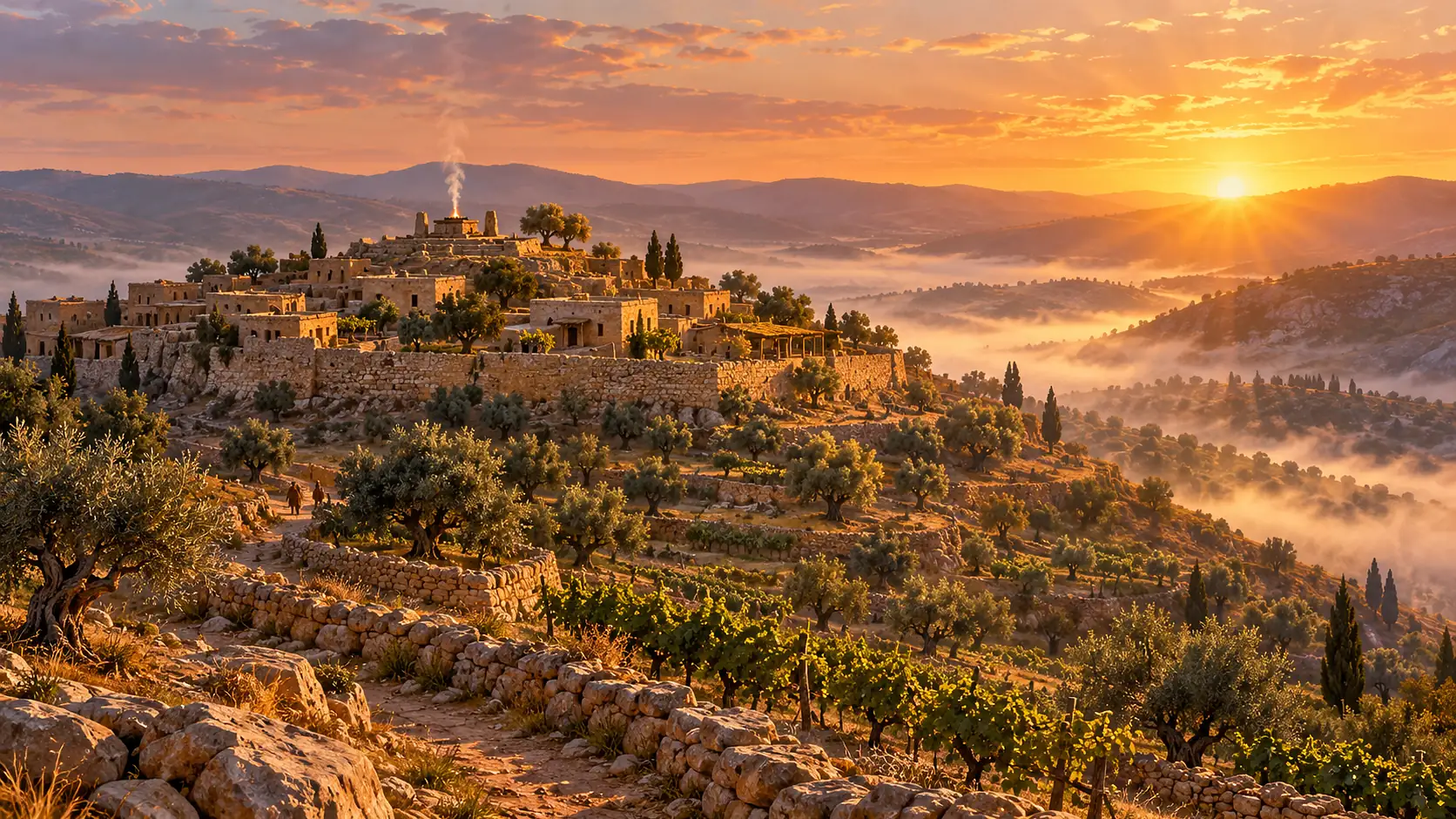 La antigua ciudad cananea de Salem al amanecer sobre una colina de Judea, con casas de piedra de techo plano, un humo de incienso en la cima, terrazas de olivos y viñas y la niebla en los valles