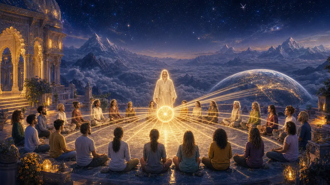 Un círculo de personas diversas medita de noche en una terraza del Himalaya; sus hilos de luz se unen en una esfera dorada junto a un Maestro y se dirigen hacia la Tierra