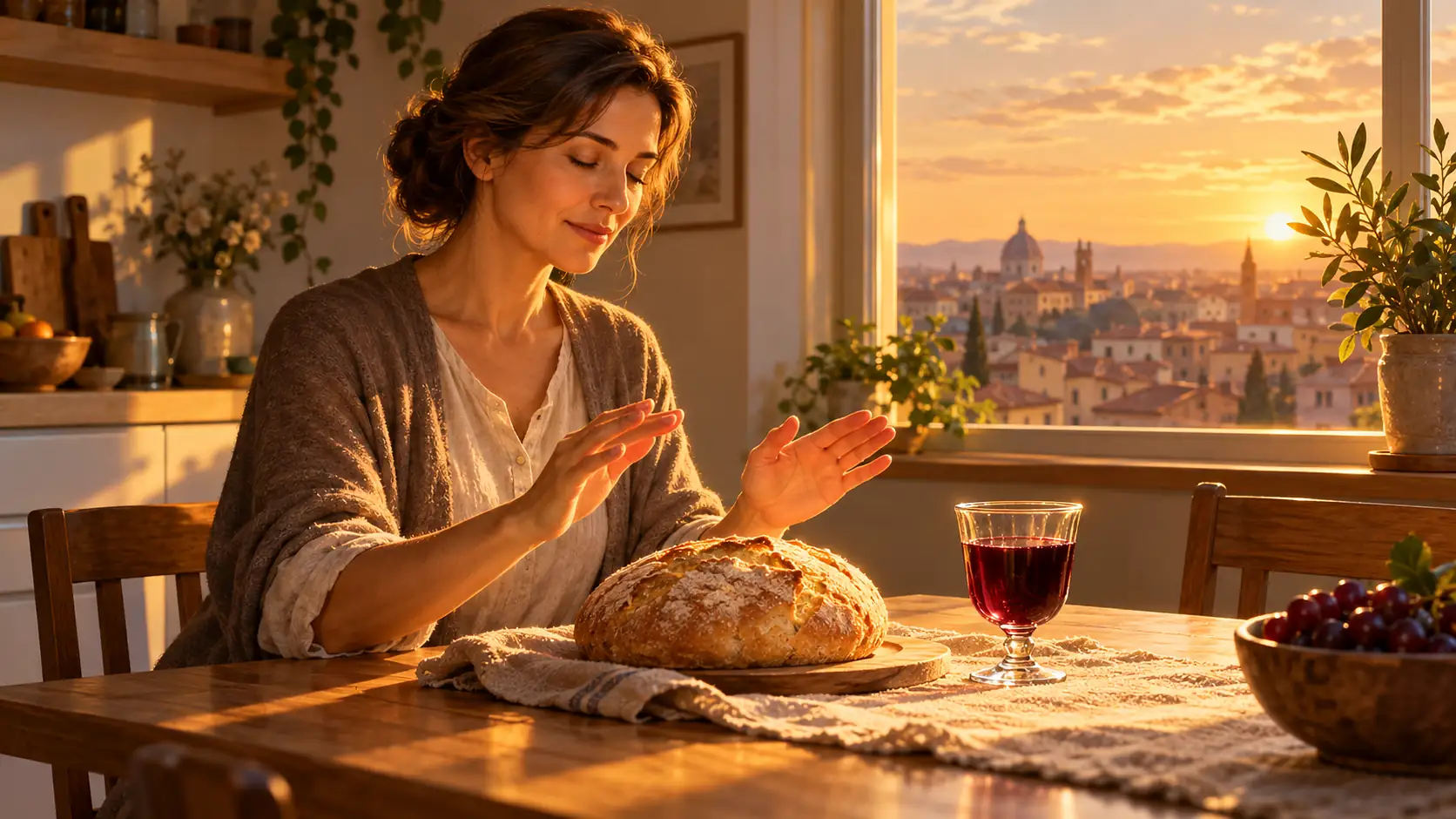 Una mujer sentada a la mesa de su cocina al amanecer bendice en silencio un pan redondo y una copa de mosto, con los ojos cerrados y las manos abiertas, mientras la luz dorada entra por la ventana
