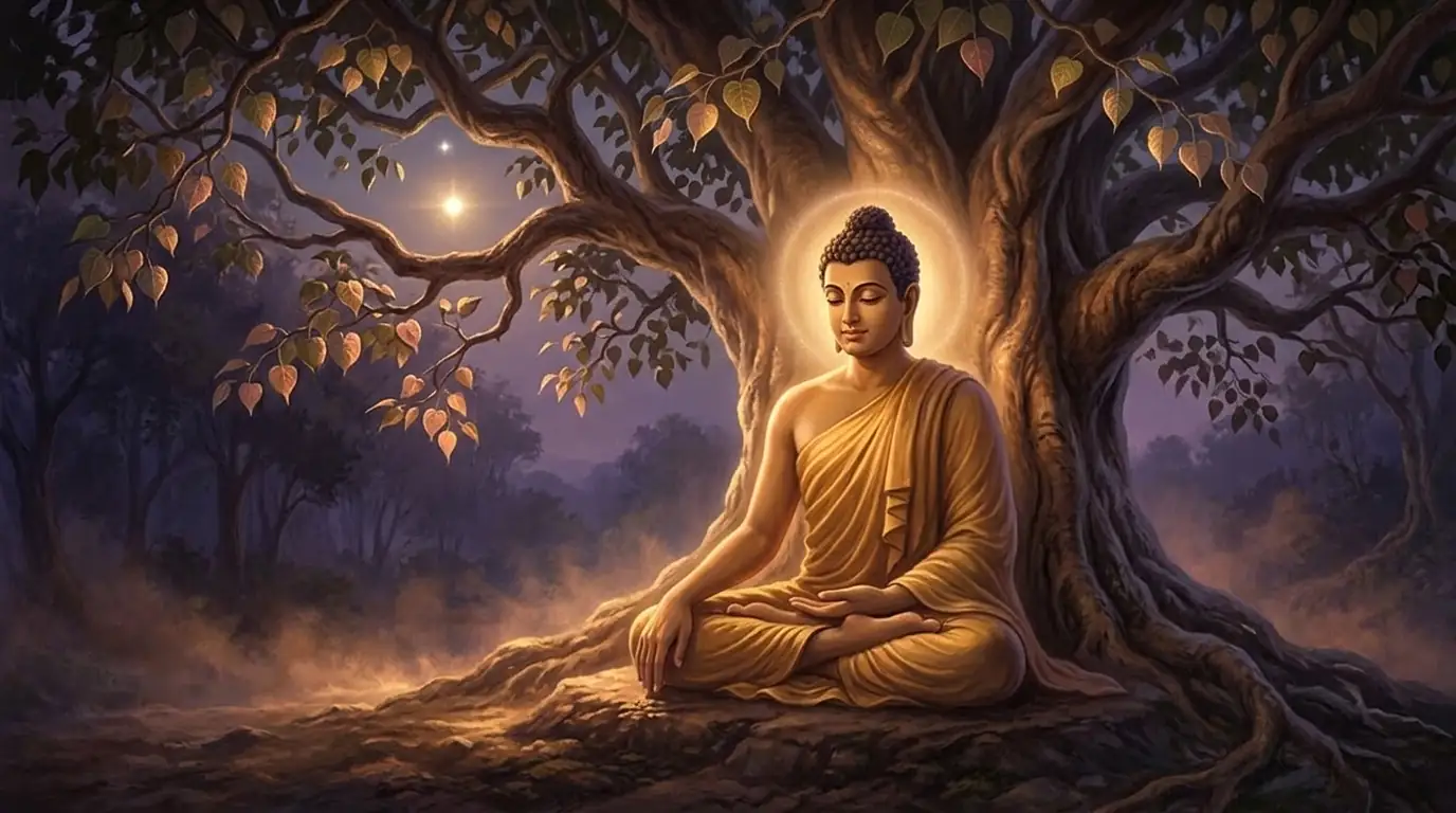 Un Buda sereno de túnica azafrán toca la tierra con la mano derecha en el gesto de testigo bajo el árbol Bodhi, con un lucero brillante sobre el árbol y un halo suave de luz