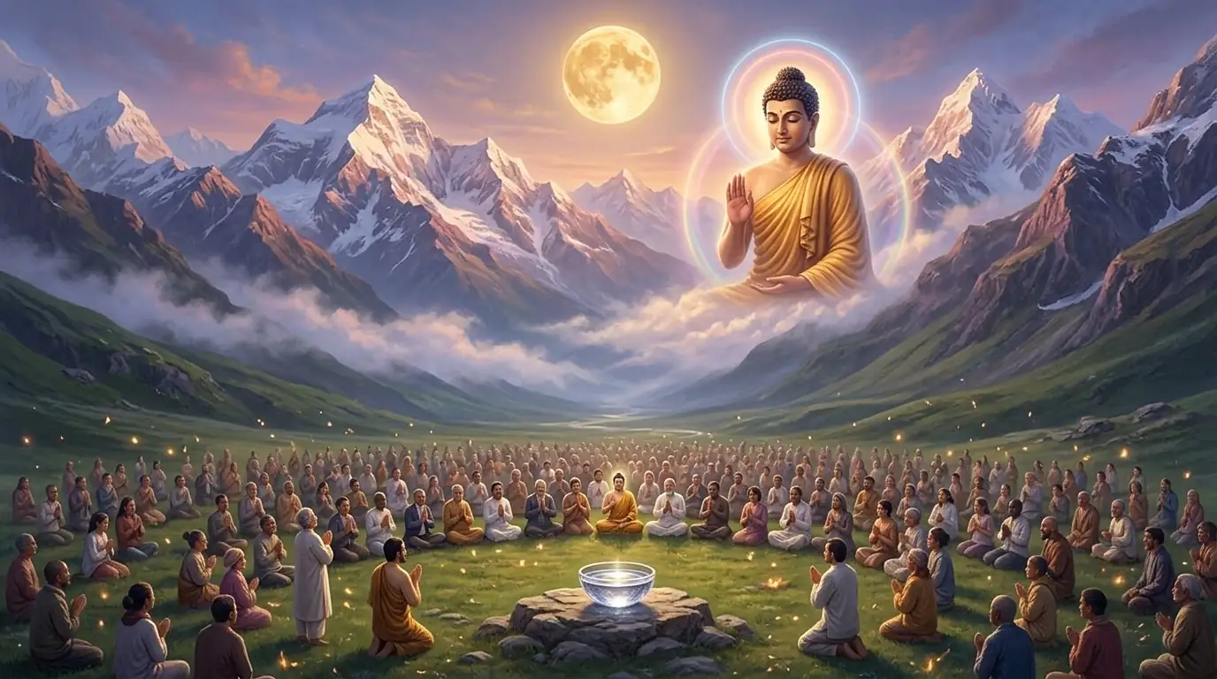 Un valle verde del Himalaya bajo la luna llena de mayo, con peregrinos sentados en círculos concéntricos alrededor de un pequeño altar de roca y la figura luminosa del Buda apareciendo a escala humana sobre el valle en actitud de bendición