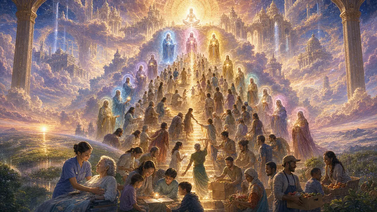 Una gran escalera de luz sube desde personas que cuidan, enseñan y reparten alimento, pasa por discípulos y Maestros y llega a los tres Grandes Señores y a Sanat Kumara