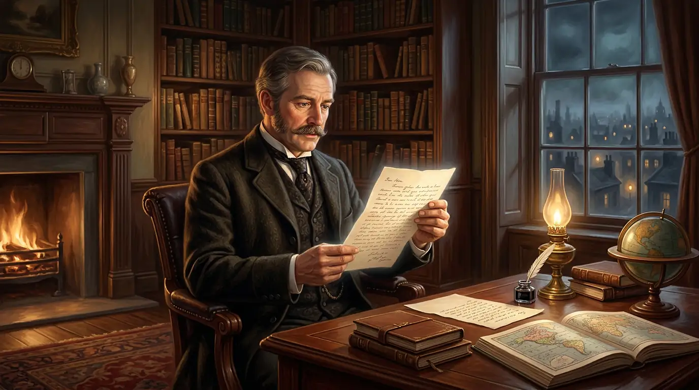 Un caballero victoriano lee una larga carta junto a una lámpara de aceite en un estudio londinense de 1882, con libros, un globo terráqueo y una ventana con la ciudad al fondo