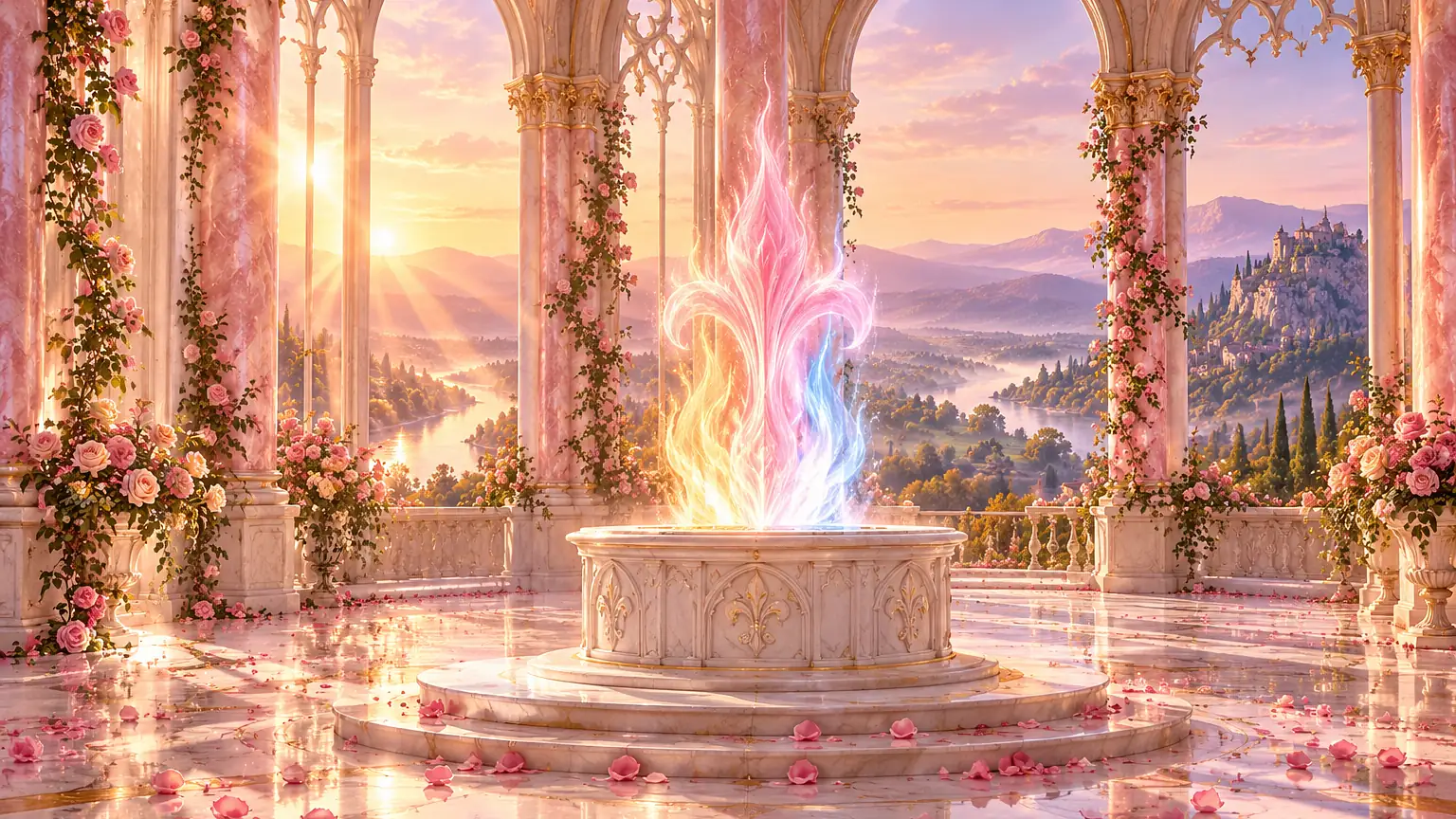 Una gran terraza de mármol rosado con columnas góticas cubiertas de rosas trepadoras y un altar circular sobre el que arde una llama de tres plumas rosa, dorada y azul, con un valle y un río al amanecer al fondo