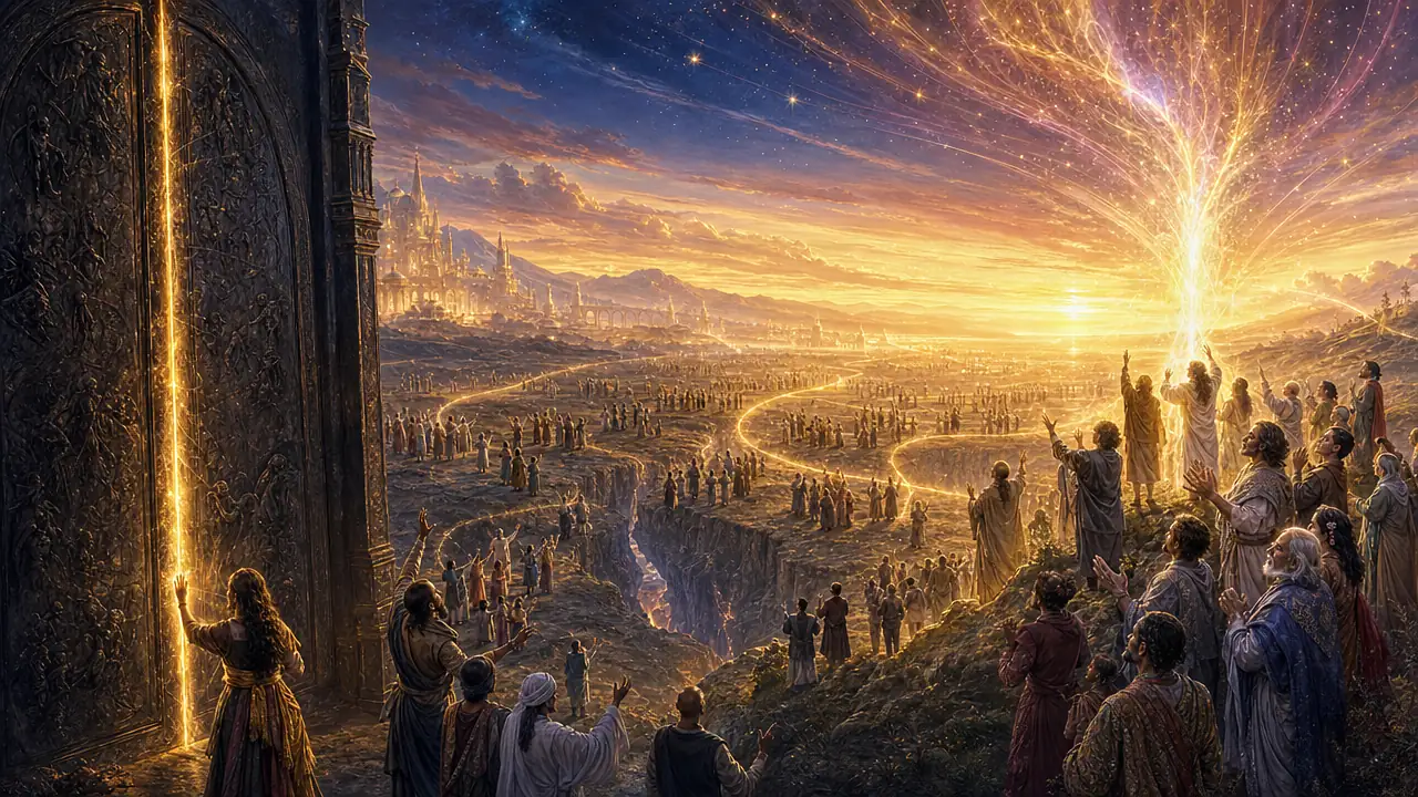 Una gran puerta de hierro se cierra sellada por una línea de luz, mientras las multitudes despiertan en una llanura al alba y una columna de invocación se eleva desde una colina