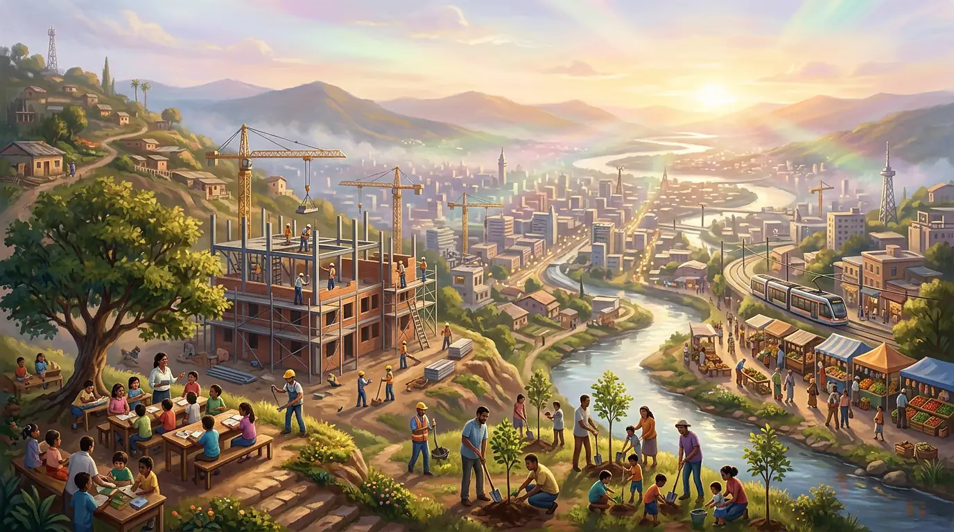 Una ciudad despierta al amanecer con constructores, maestros y familias, bajo un velo sutil de luz blancoperla con destellos verdes, dorados, rosados y violetas