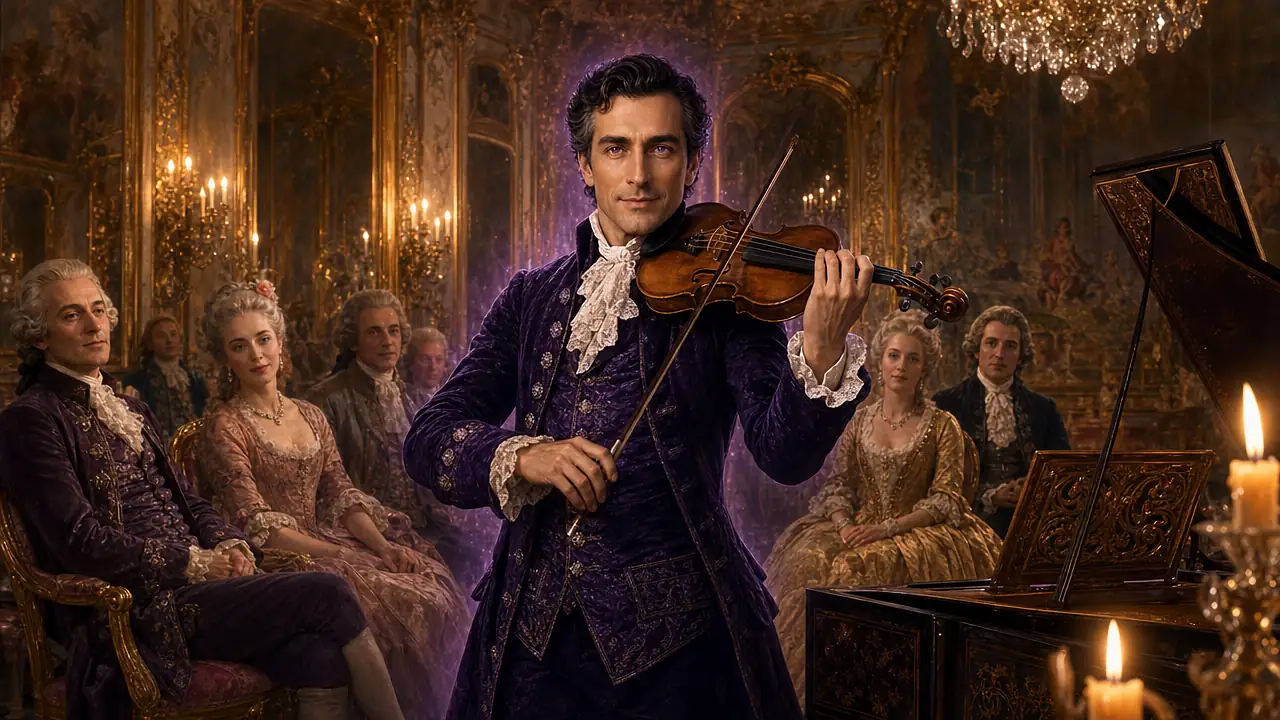 El conde de Saint-Germain, con casaca violeta oscura y chorrera de encaje, toca el violín junto a un clavecín ante un grupo de aristócratas en un salón rococó iluminado con velas