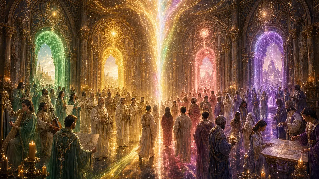 Cuatro puertas de luz verde, dorada, rosa y violeta se abren en un gran templo, y por cada una entran artistas, científicos, personas en oración y quienes ordenan una ceremonia
