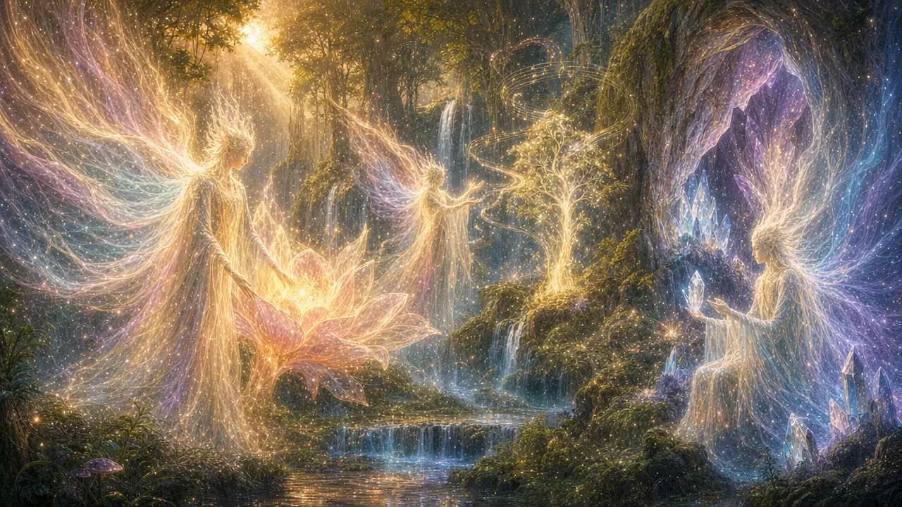 Seres dévicos de luz modelan una flor, hacen crecer un árbol con su canto y cuidan los cristales de una cueva en un bosque con cascadas