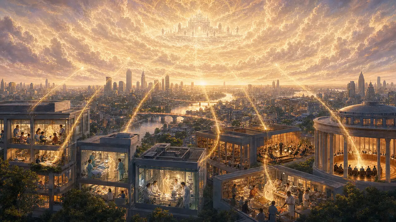 Hilos de luz descienden de un templo lejano entre las nubes a una escuela, un hospital, un laboratorio, una biblioteca, una sala de conciertos, un comedor y un parlamento de una ciudad al amanecer