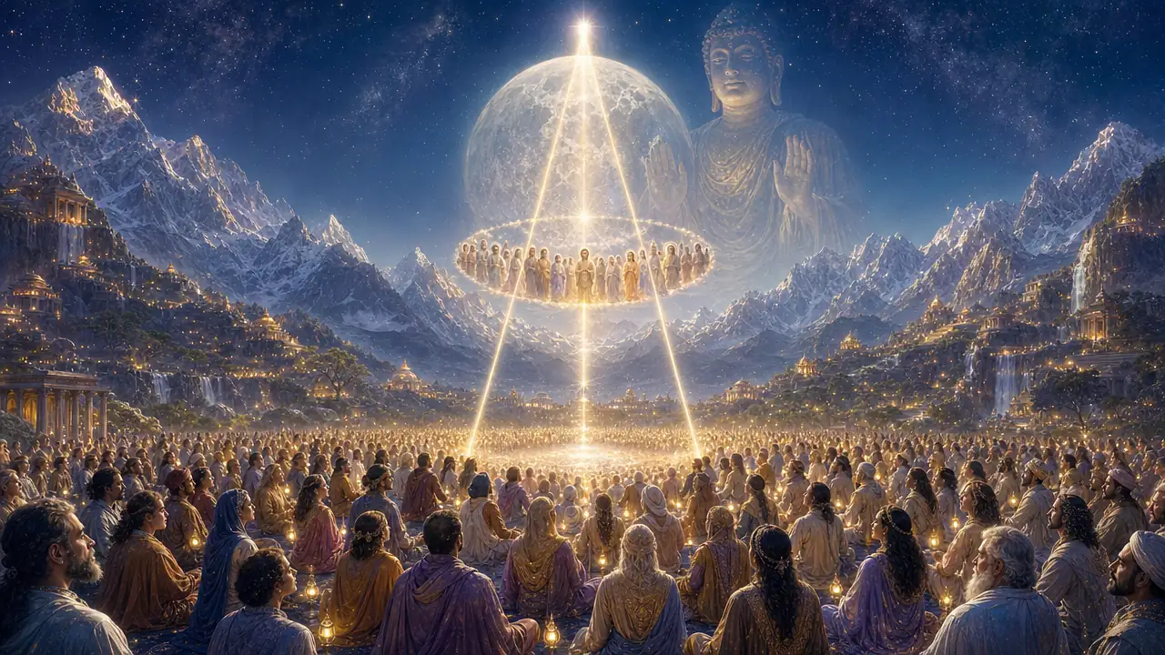 Una multitud medita de noche en un valle del Himalaya bajo la luna llena mientras un triángulo de luz la une a un círculo de Maestros y al Buda que bendice