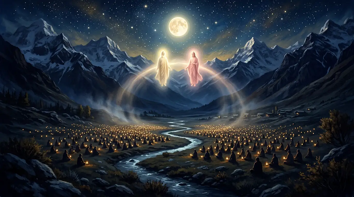 Un valle del Himalaya bajo la luna llena de Wesak, con cientos de peregrinos diminutos sentados en silencio con sus lámparas y dos presencias luminosas, una blanco dorada y otra rosa dorada, suspendidas sobre el valle unidas por un haz de bendición